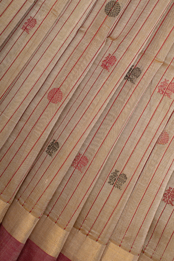 Khaki Thread Motifs Stripes Pure Silk Cotton Saree