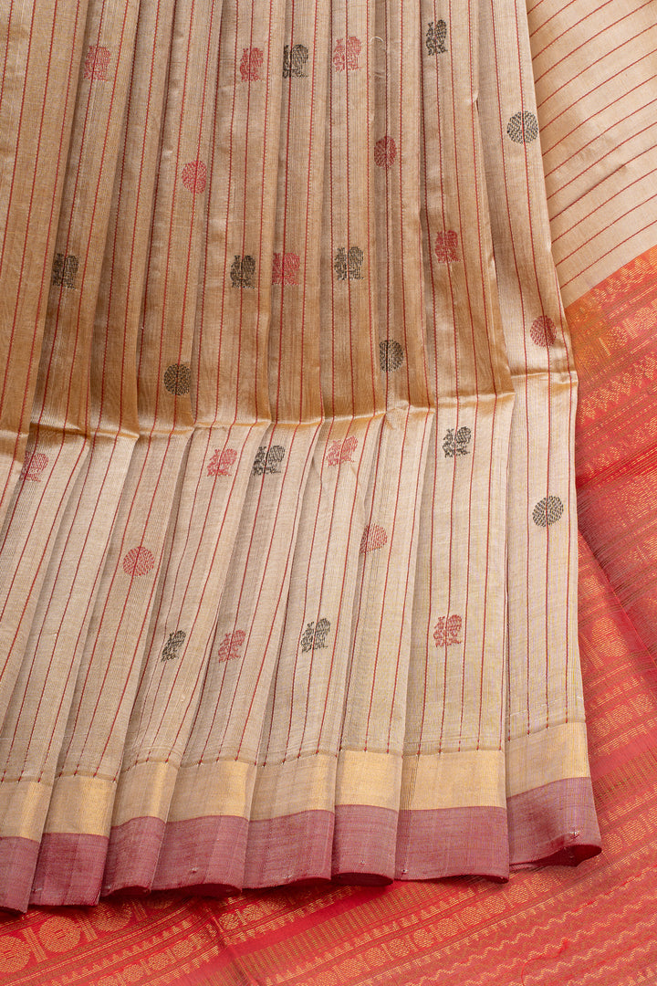 Khaki Thread Motifs Stripes Pure Silk Cotton Saree