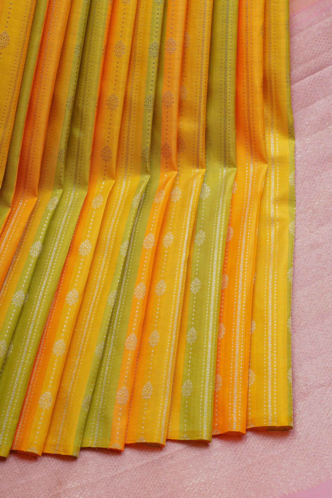 Yellow Green Multi Zari Stripes Borderless Pure Kanchipuram Silk Saree