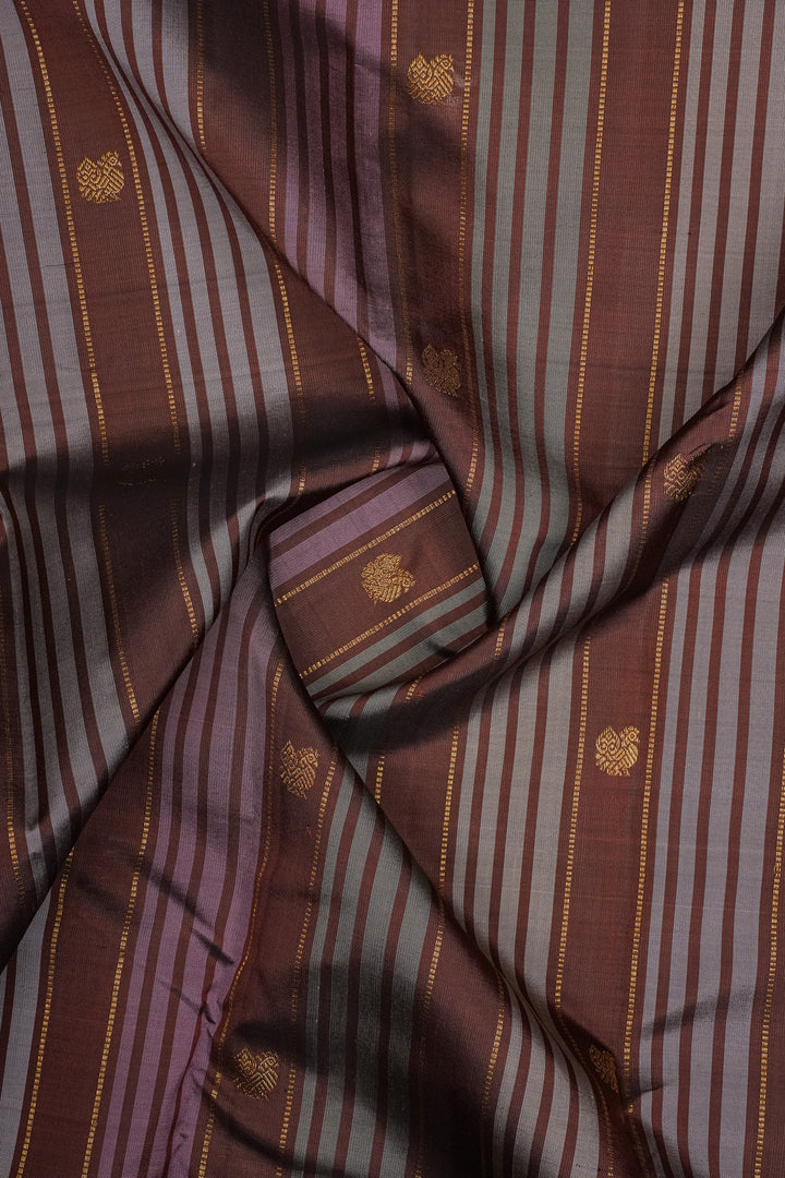 Brown Vintage Stripes Borderless Pure Kanchipuram Silk Saree
