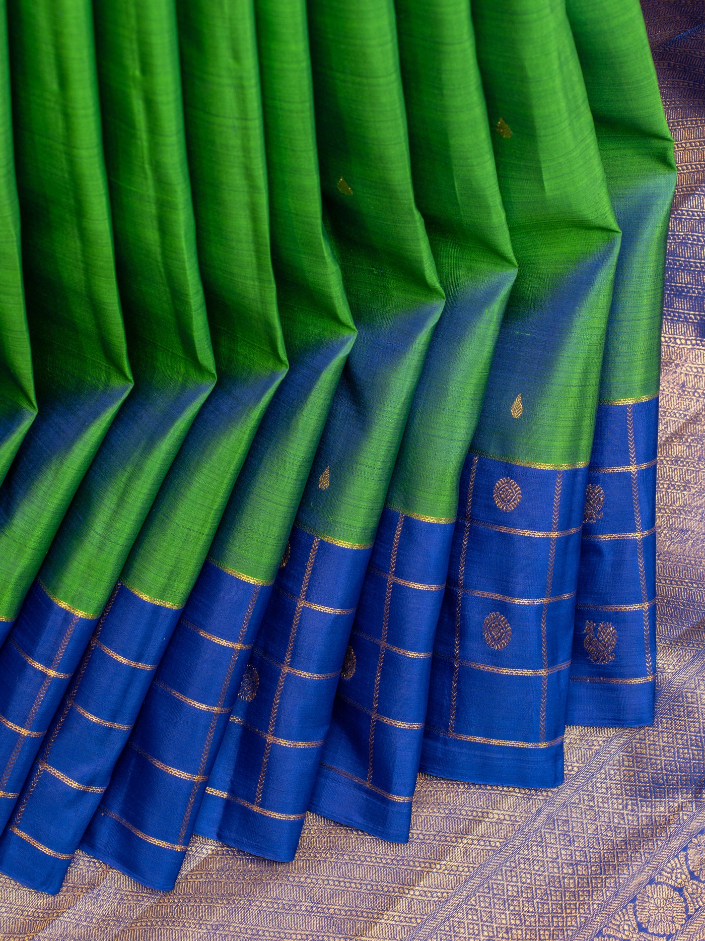 Emerald green and peacock blue pure Kanchipuram silk saree