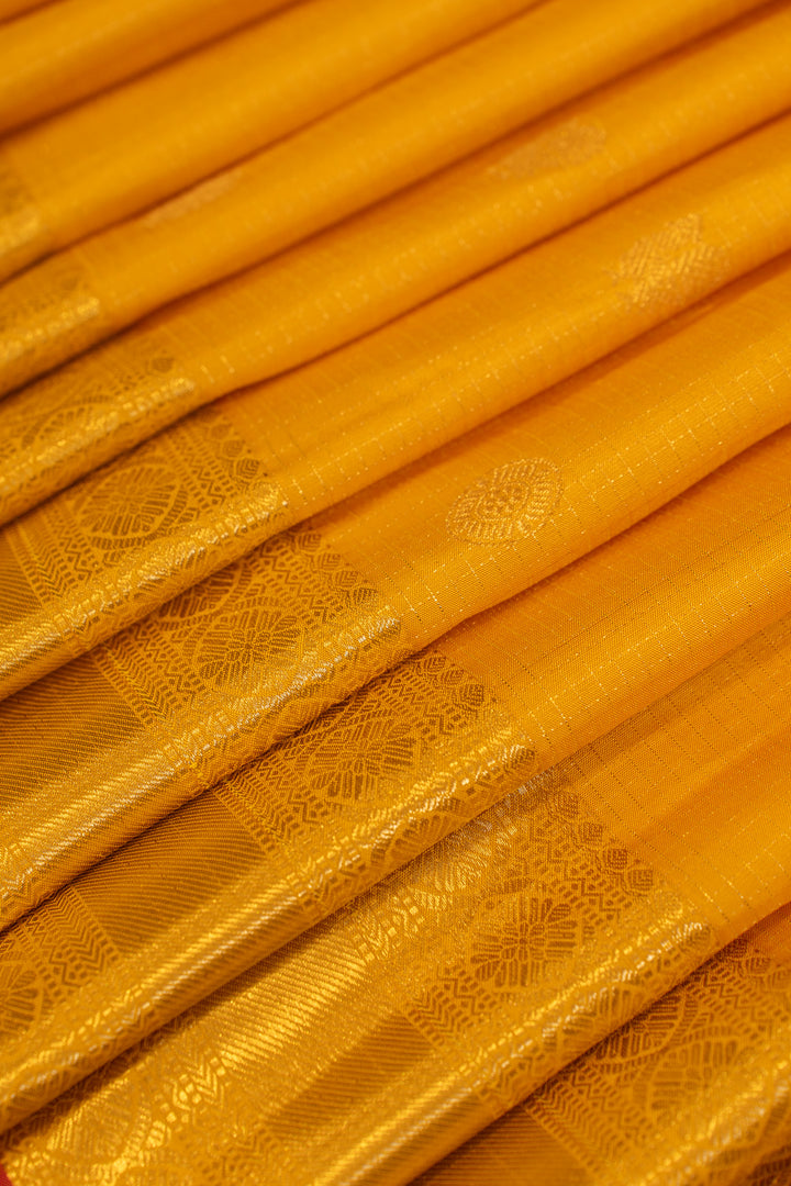Golden yellow zari checks pure Kanchipuram silk saree