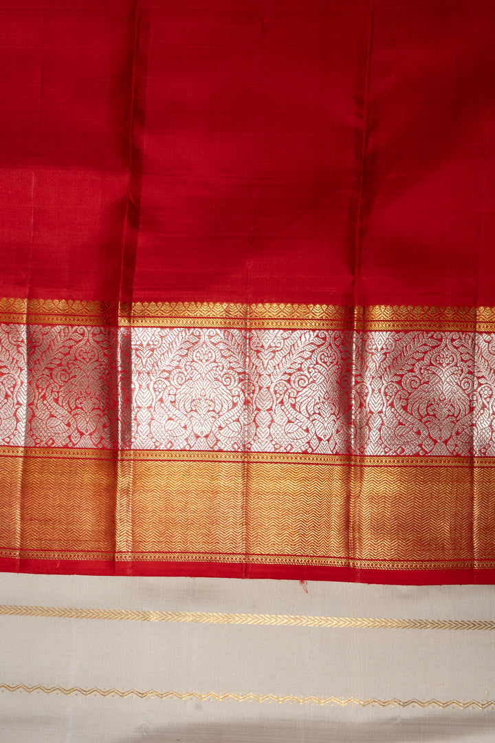 Silver Grey and Red Stripes Pure Kanchipuram Silk Saree - Clio Silks