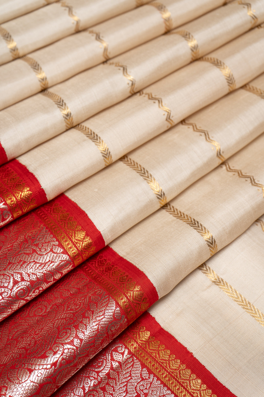 Silver Grey and Red Stripes Pure Kanchipuram Silk Saree - Clio Silks