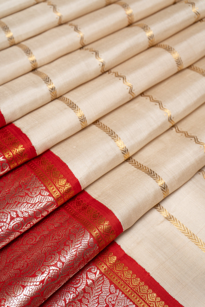 Silver Grey and Red Stripes Pure Kanchipuram Silk Saree - Clio Silks