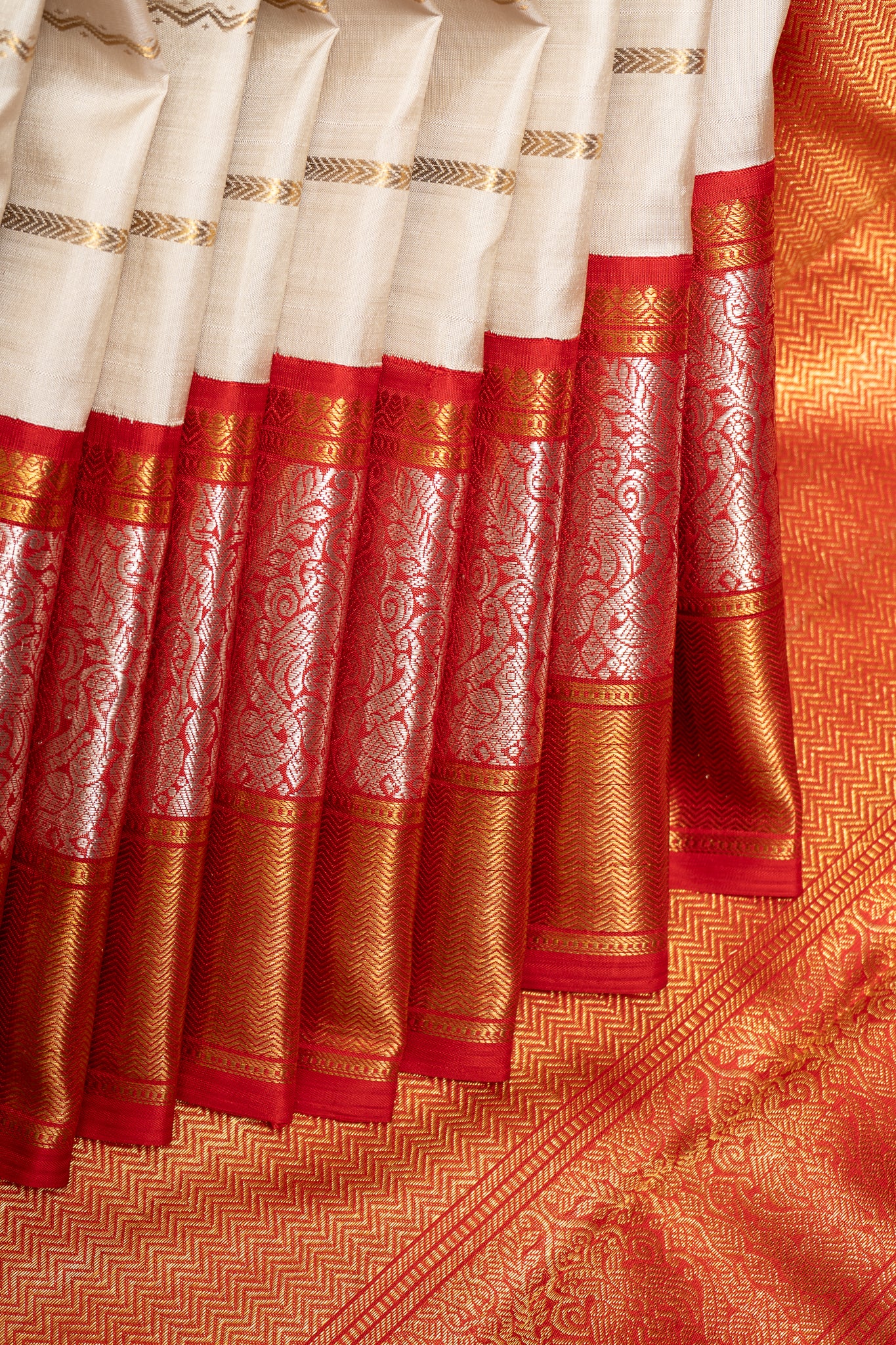 Silver Grey and Red Stripes Pure Kanchipuram Silk Saree - Clio Silks