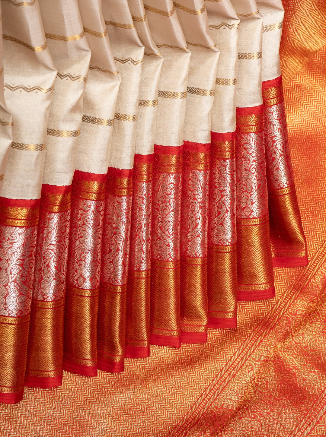 Silver Grey and Red Stripes Pure Kanchipuram Silk Saree - Clio Silks