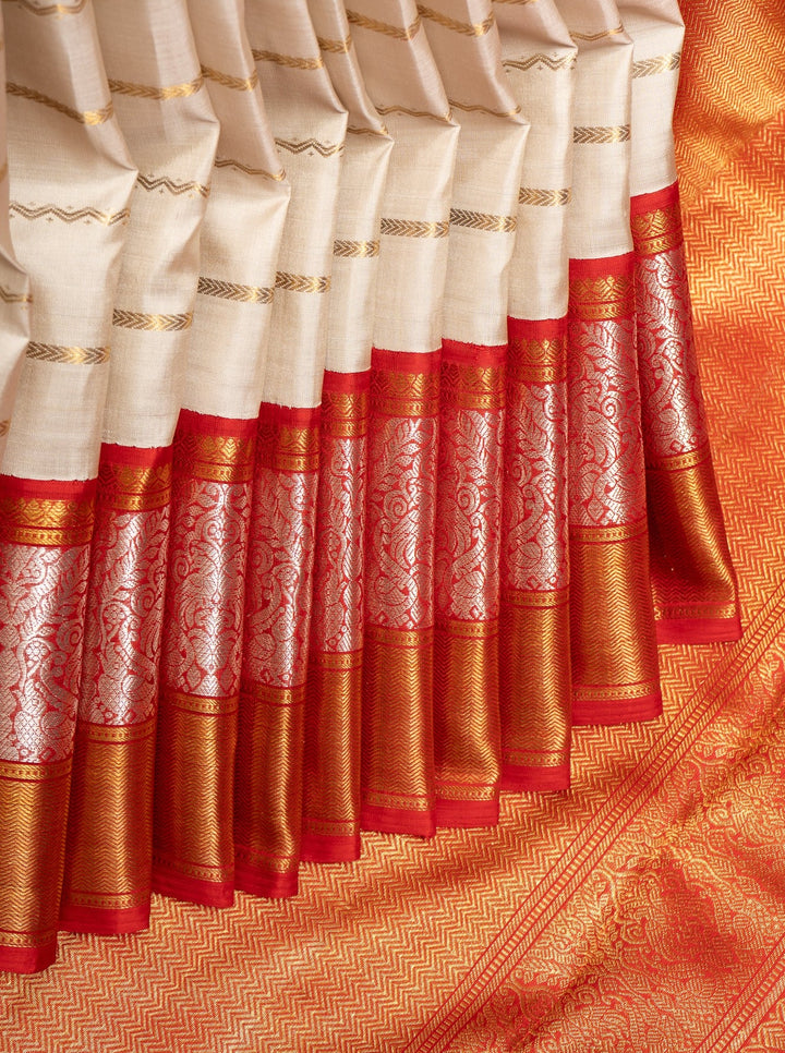 Silver Grey and Red Stripes Pure Kanchipuram Silk Saree - Clio Silks