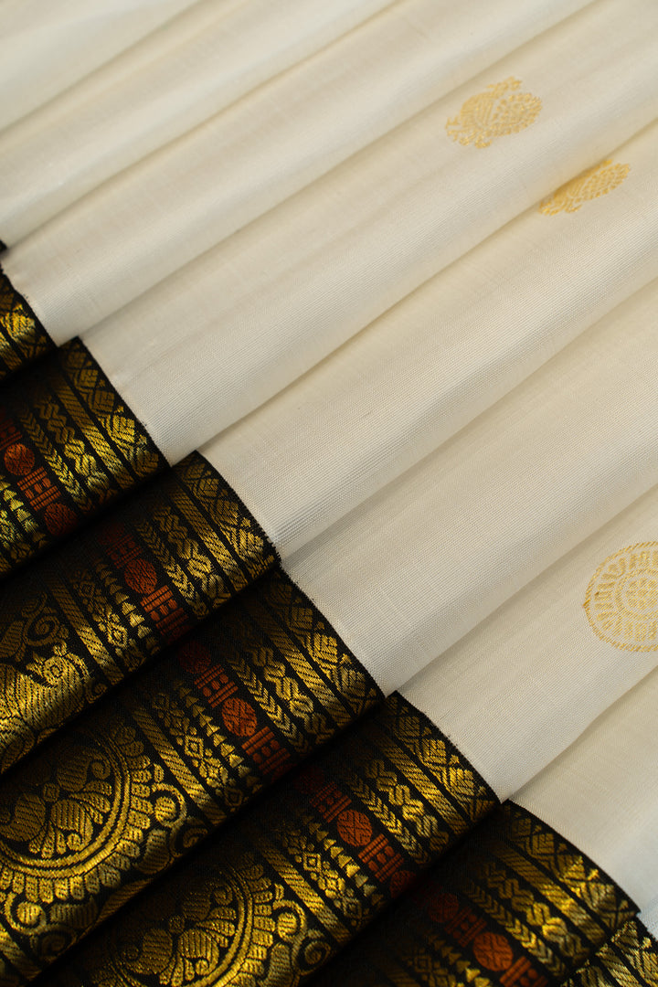 Pearl white and black pure Kanchipuram silk saree