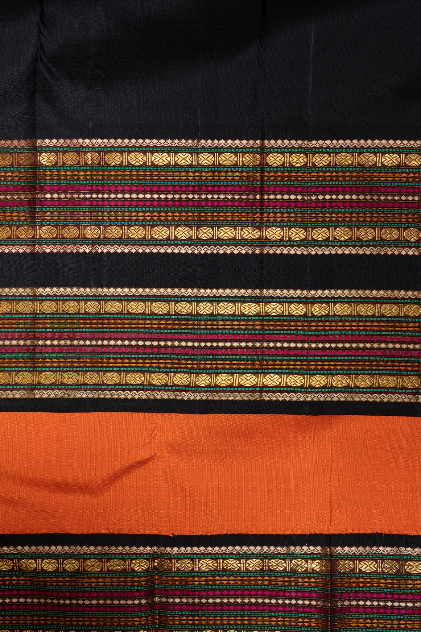 Orange and Black Pure Zari Kanchipuram Silk Saree - Clio Silks