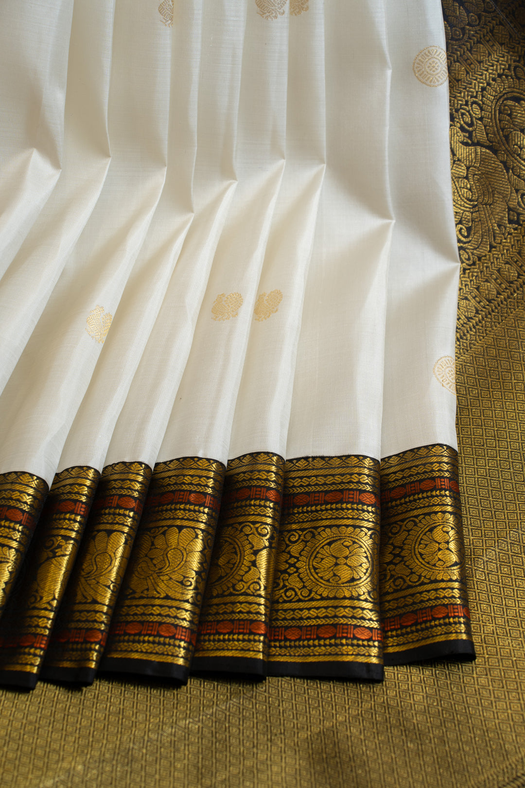 Pearl white and black pure Kanchipuram silk saree