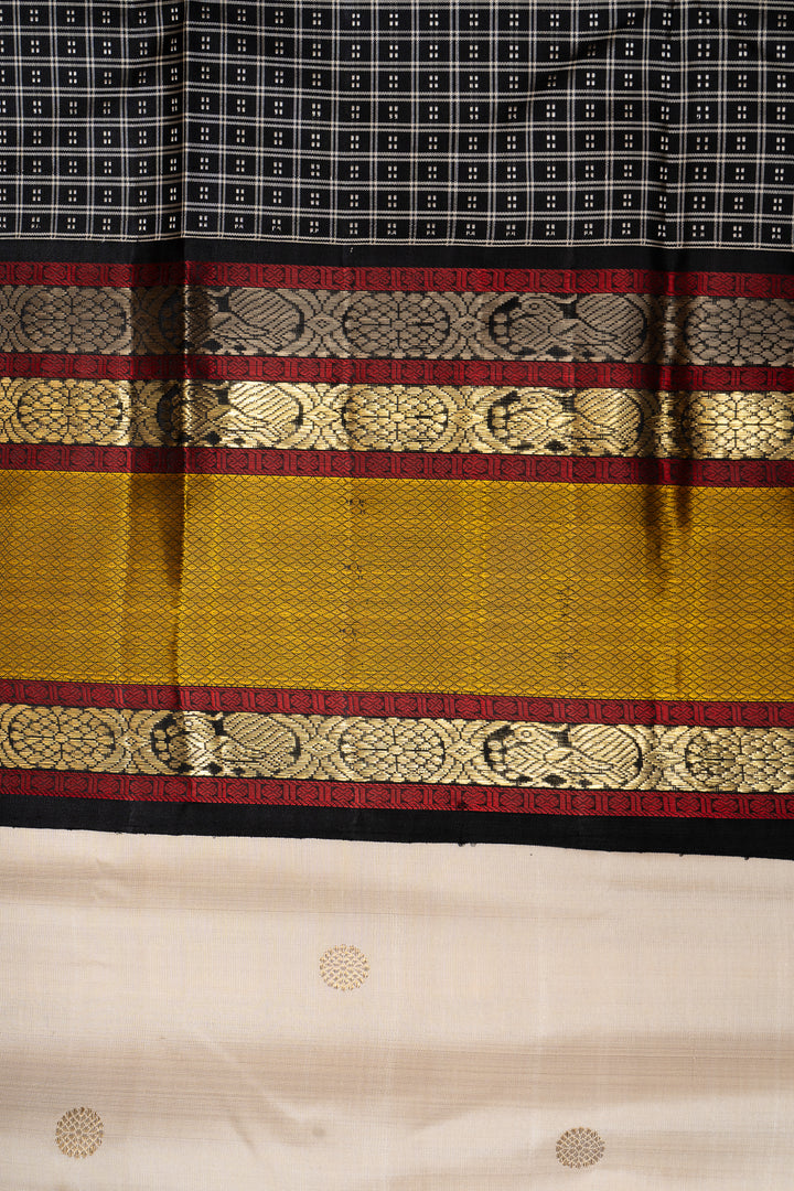 Off White Black Mustard Pure Zari Kanchipuram Silk Saree - Clio Silks