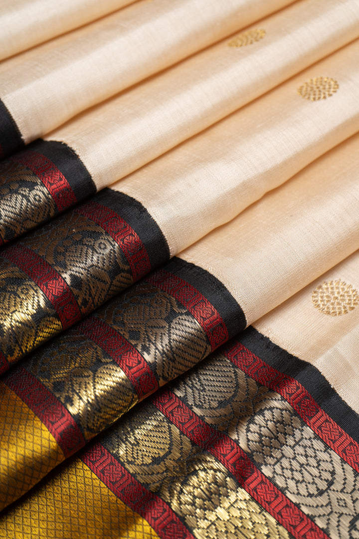 Off White Black Mustard Pure Zari Kanchipuram Silk Saree - Clio Silks