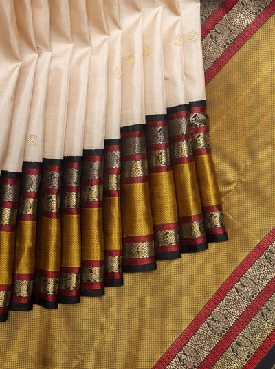 Off White Black Mustard Pure Zari Kanchipuram Silk Saree - Clio Silks