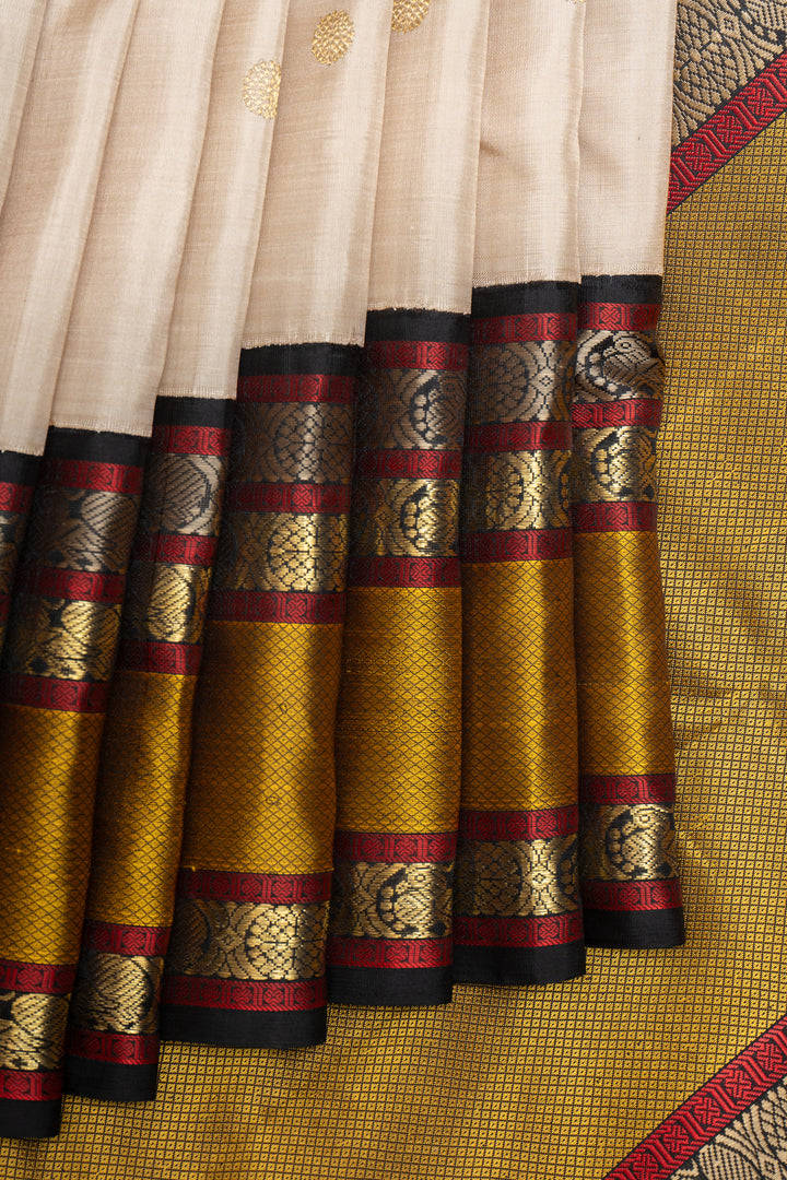 Off White Black Mustard Pure Zari Kanchipuram Silk Saree - Clio Silks