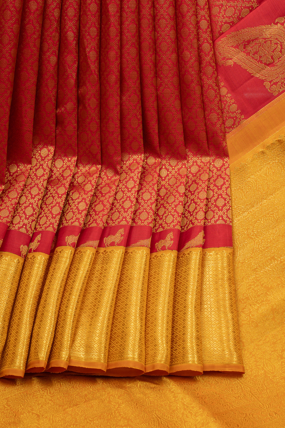 Red and yellow brocade Beetu butta pure kanchipuram silk saree