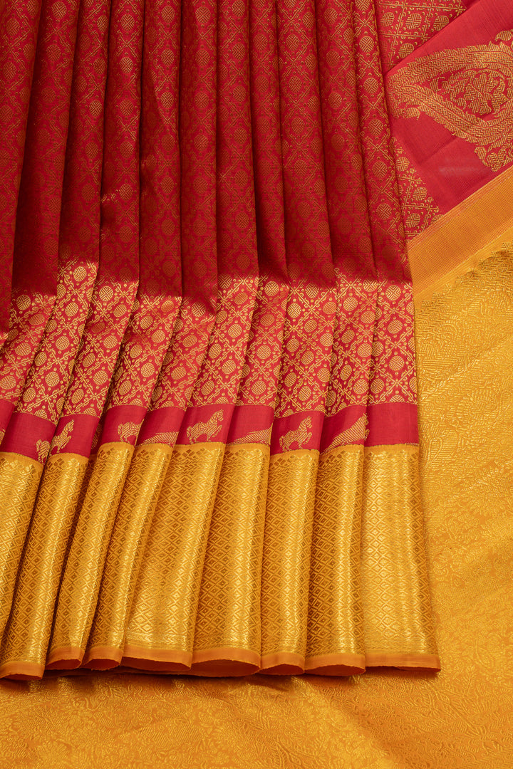 Red and yellow brocade Beetu butta pure kanchipuram silk saree