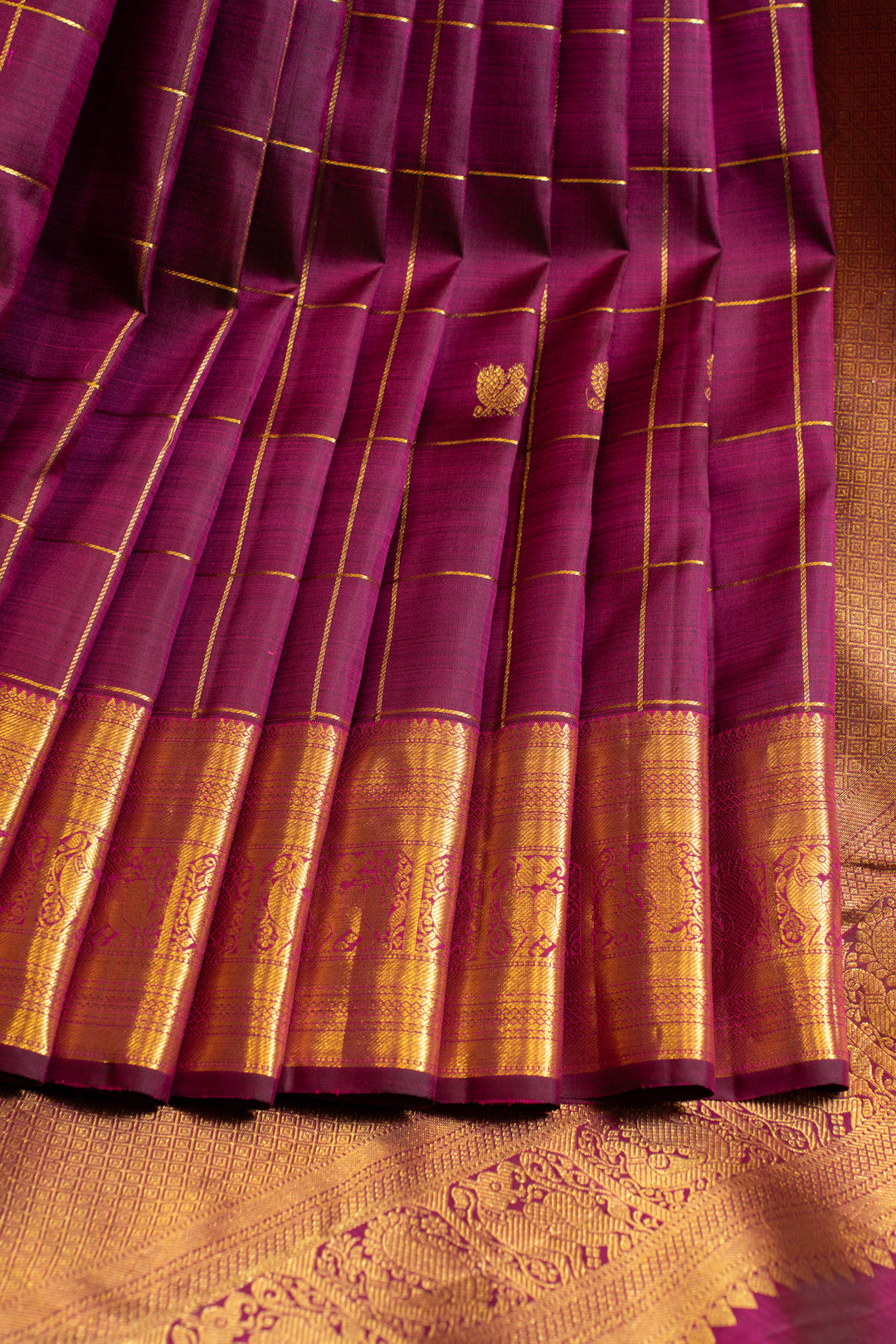 Magenta purple zari checks pure Kanchipuram silk saree