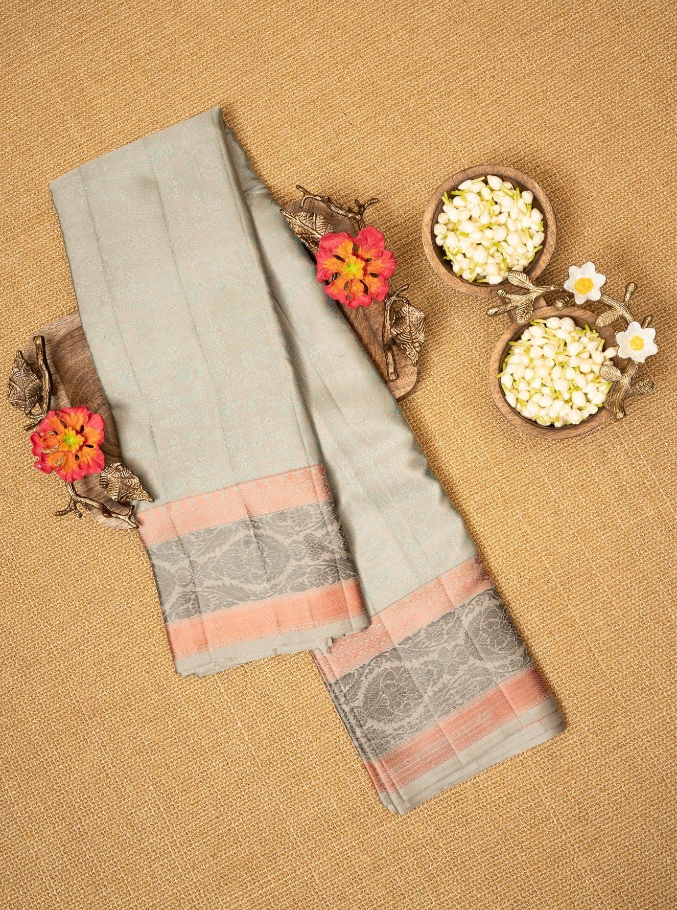 Pastel Blue Without Zari Threadwork Pure Kanchipuram Silk Saree - Clio Silks