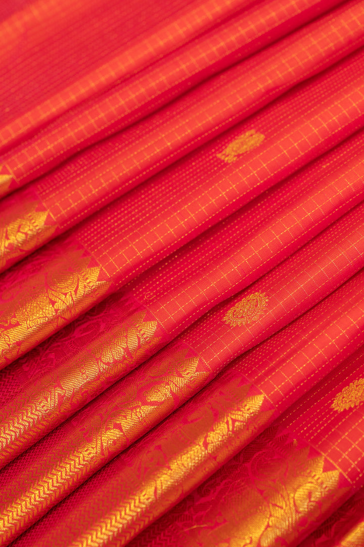 Chilli red zari checks pure Kanchipuram silk saree