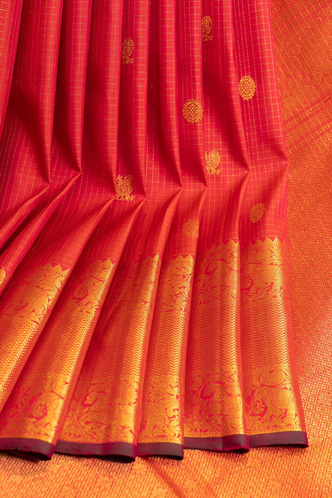 Chilli red zari checks pure Kanchipuram silk saree