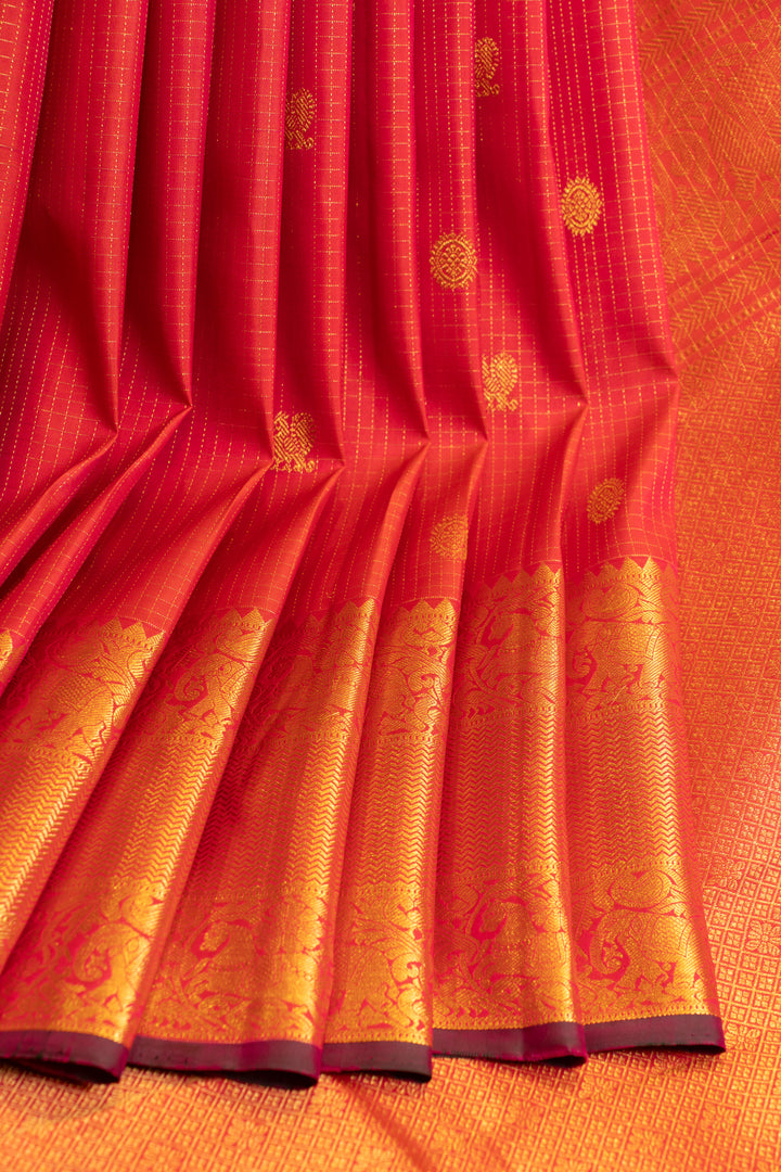 Chilli red zari checks pure Kanchipuram silk saree