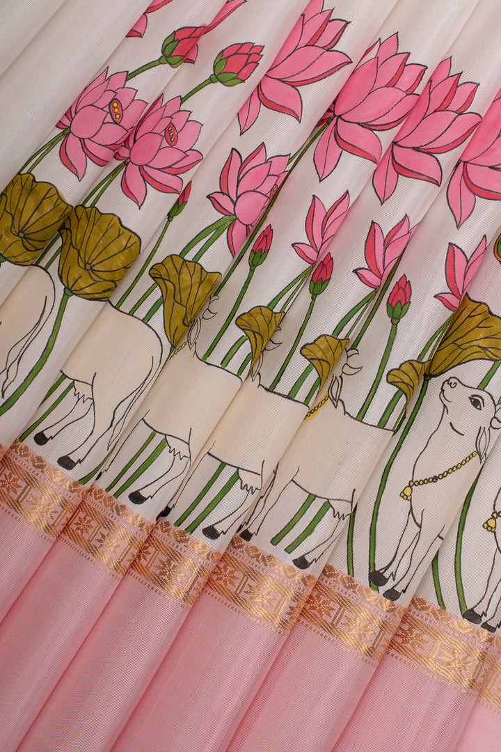 Off white handpainted pure kanchipuram silk saree