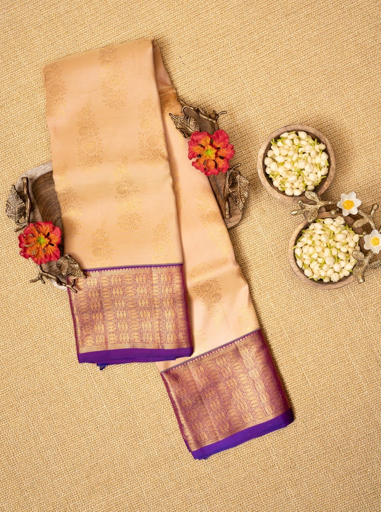 Cream and Purple Pure Kanchipuram Silk Saree - Clio Silks