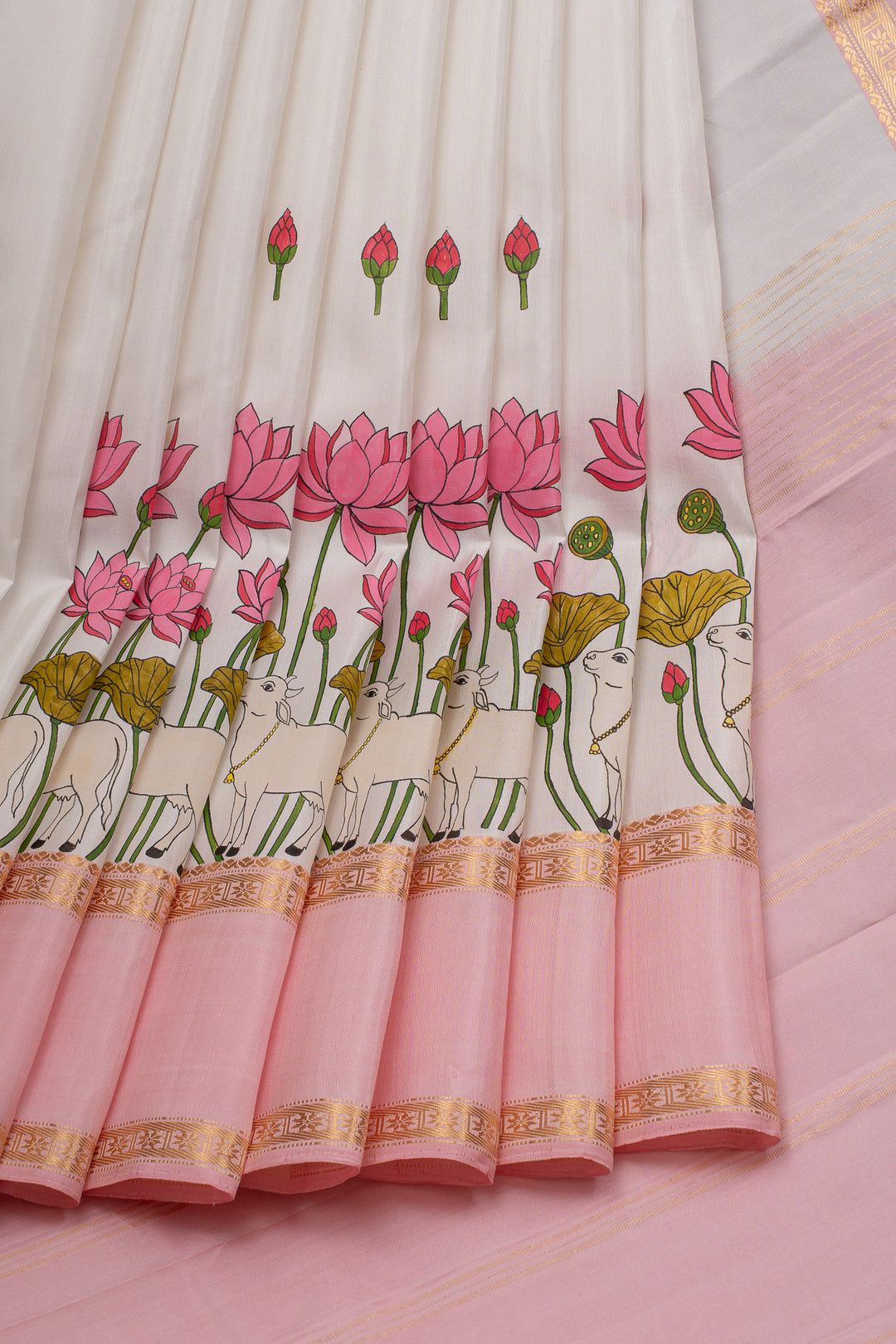 Off white handpainted pure kanchipuram silk saree