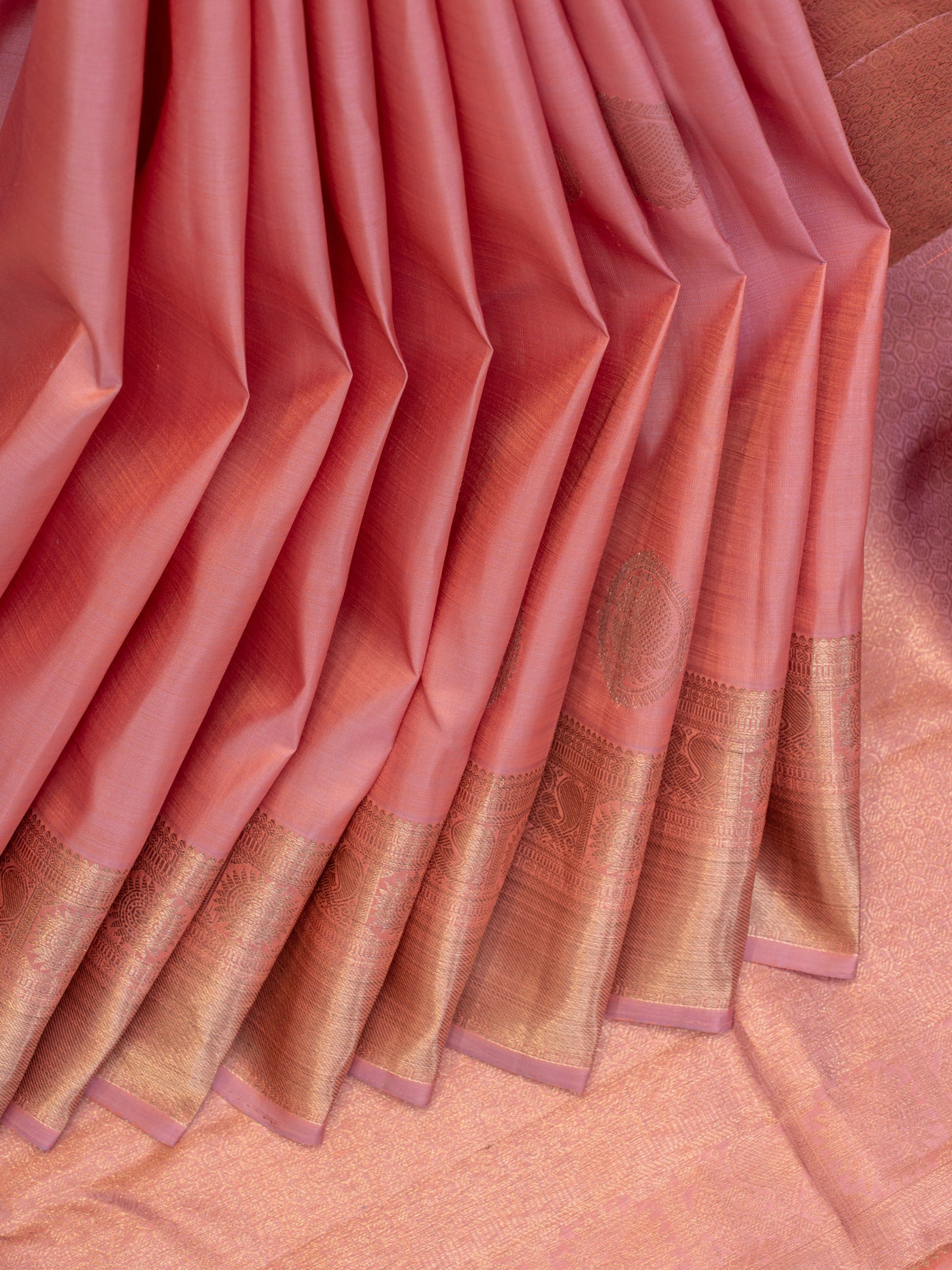 Salmon pink pastel pure Kanchipuram silk saree