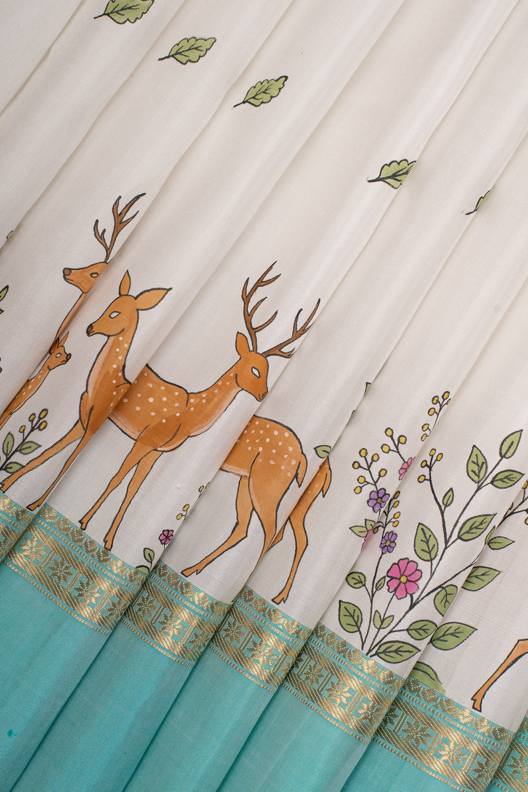 Off white and teal Blue handpainted pure kanchipuram silk saree