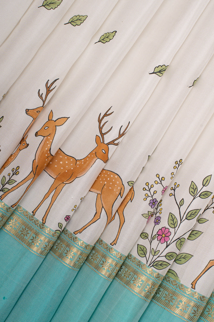 Off white and teal Blue handpainted pure kanchipuram silk saree