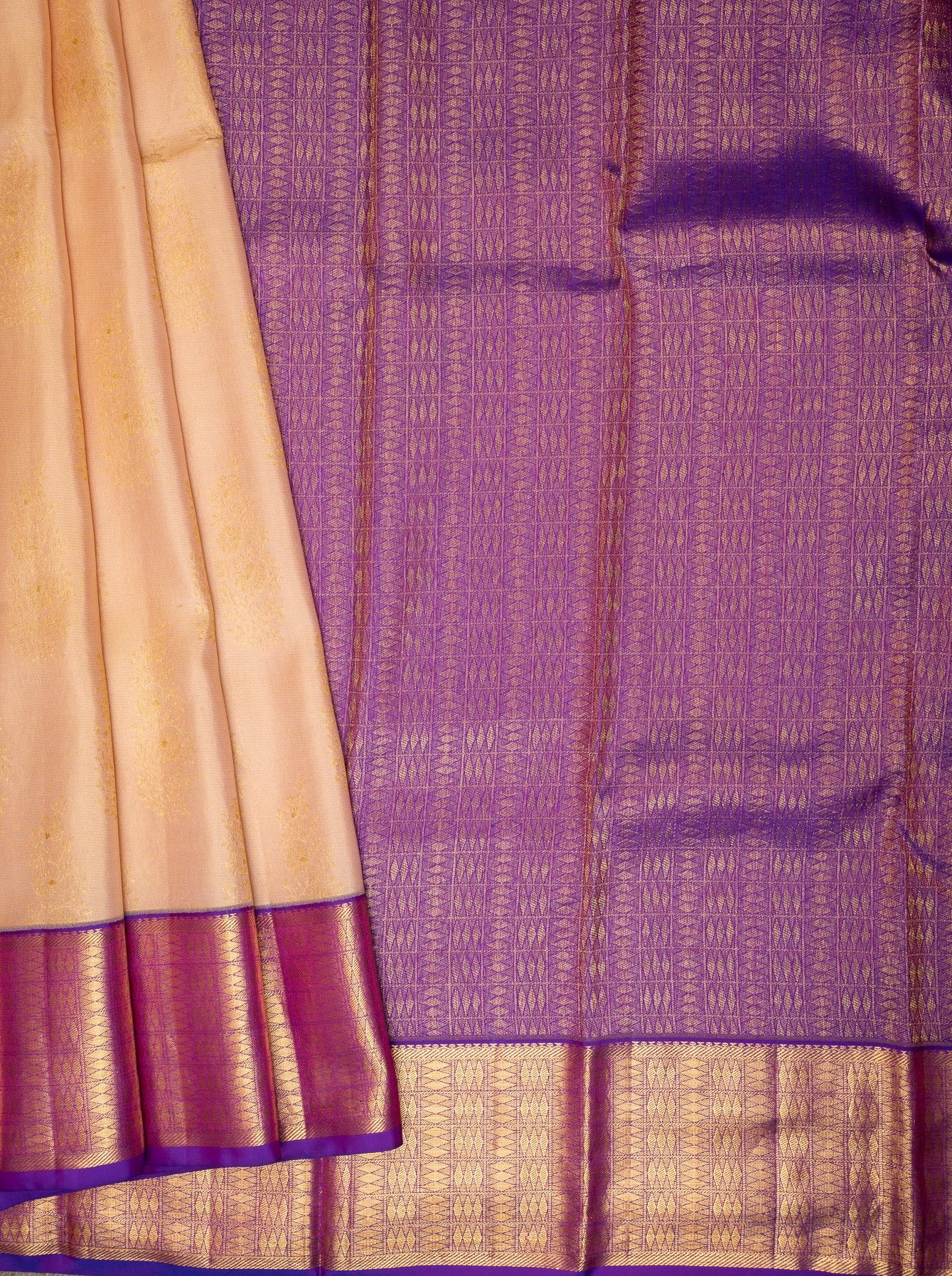 Cream and Purple Pure Kanchipuram Silk Saree - Clio Silks