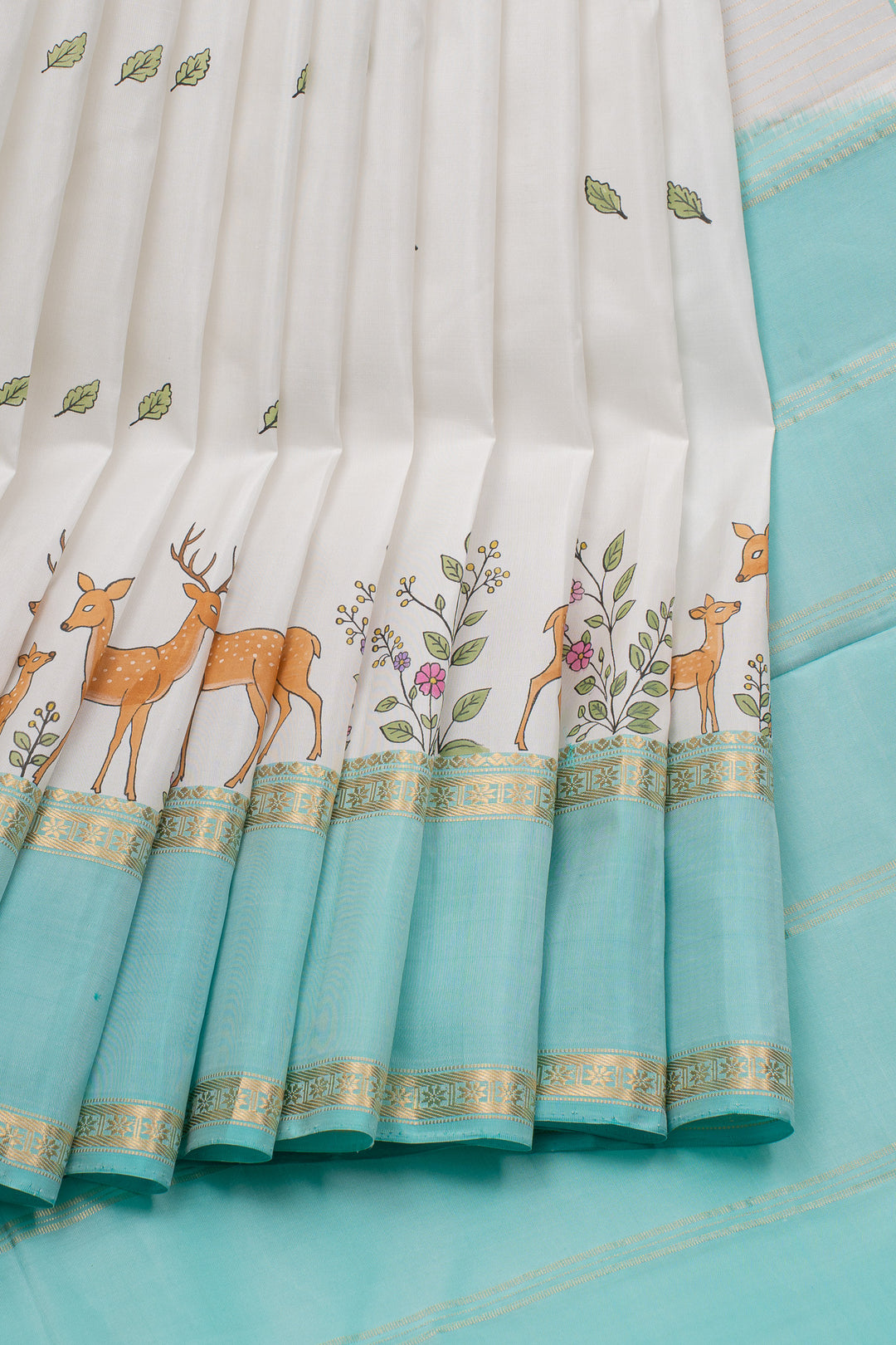 Off white and teal Blue handpainted pure kanchipuram silk saree