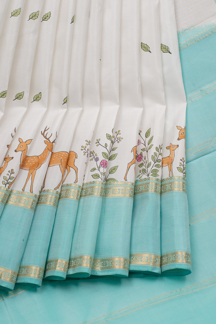 Off white and teal Blue handpainted pure kanchipuram silk saree