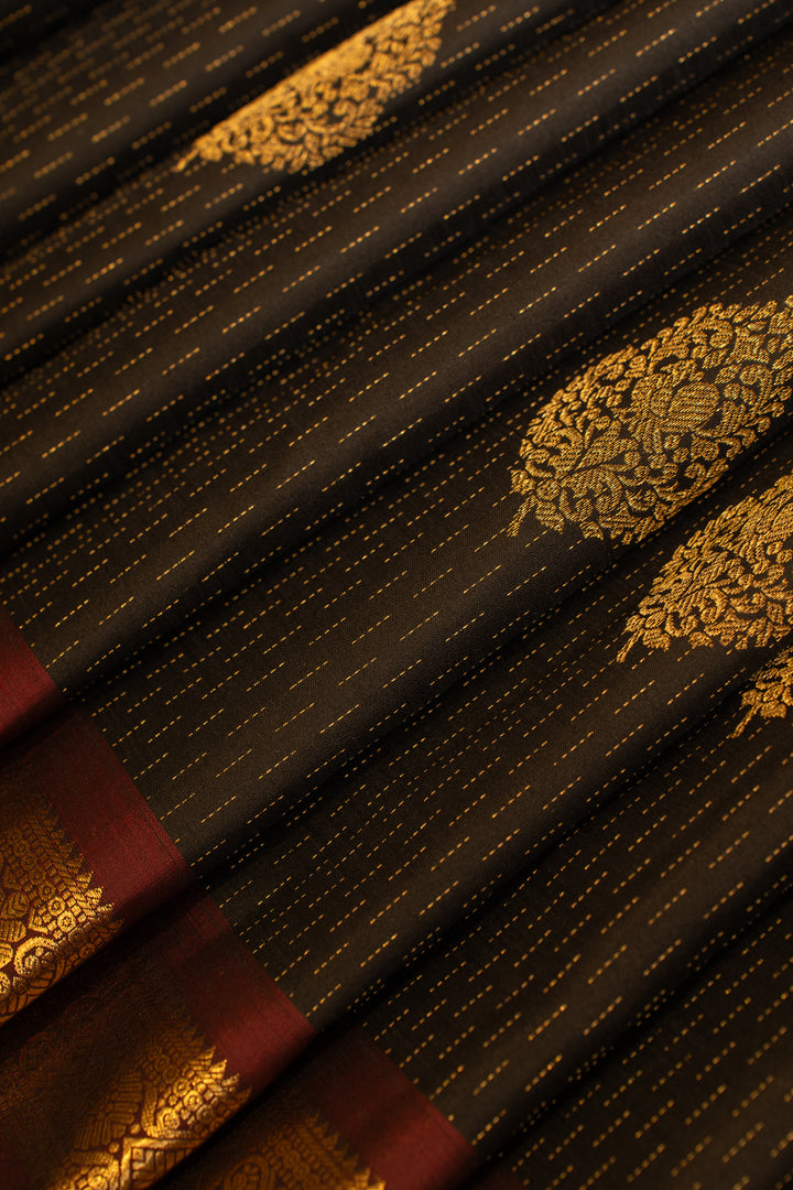 Black and maroon small border pure Kanchipuram silk saree