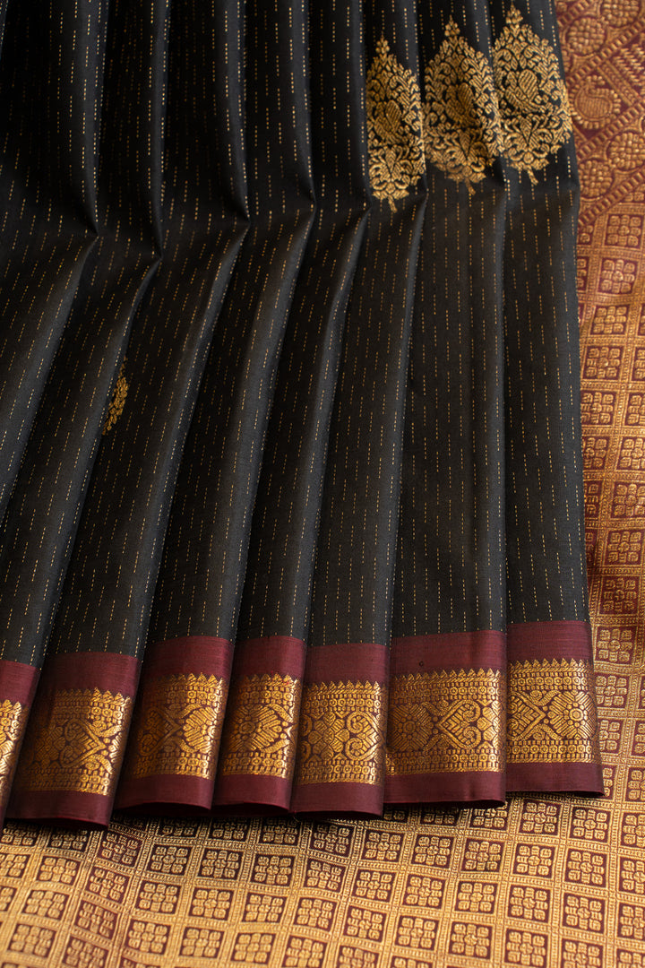 Black and maroon small border pure Kanchipuram silk saree