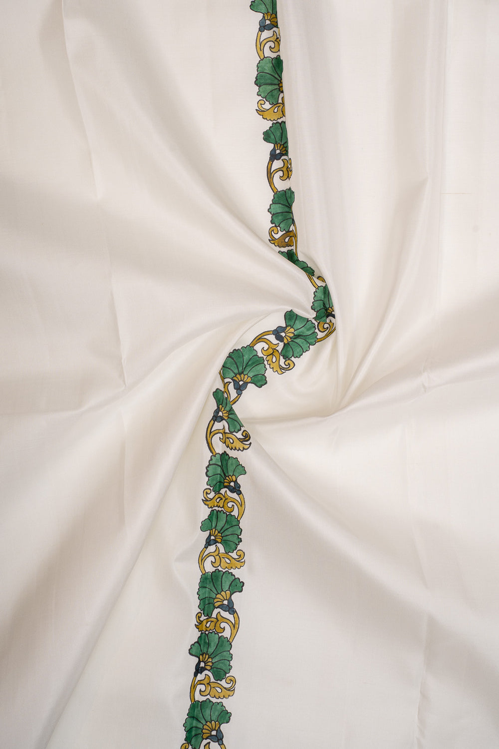Off white and green handpainted pure kanchipuram silk saree