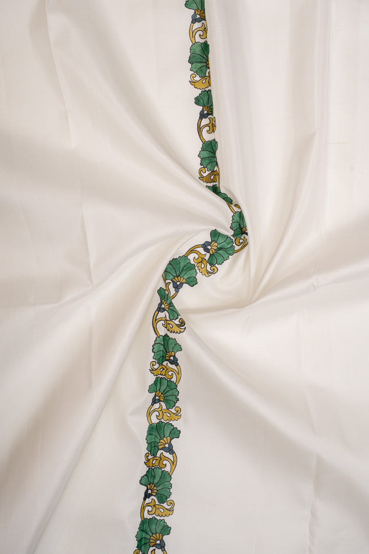 Off white and green handpainted pure kanchipuram silk saree