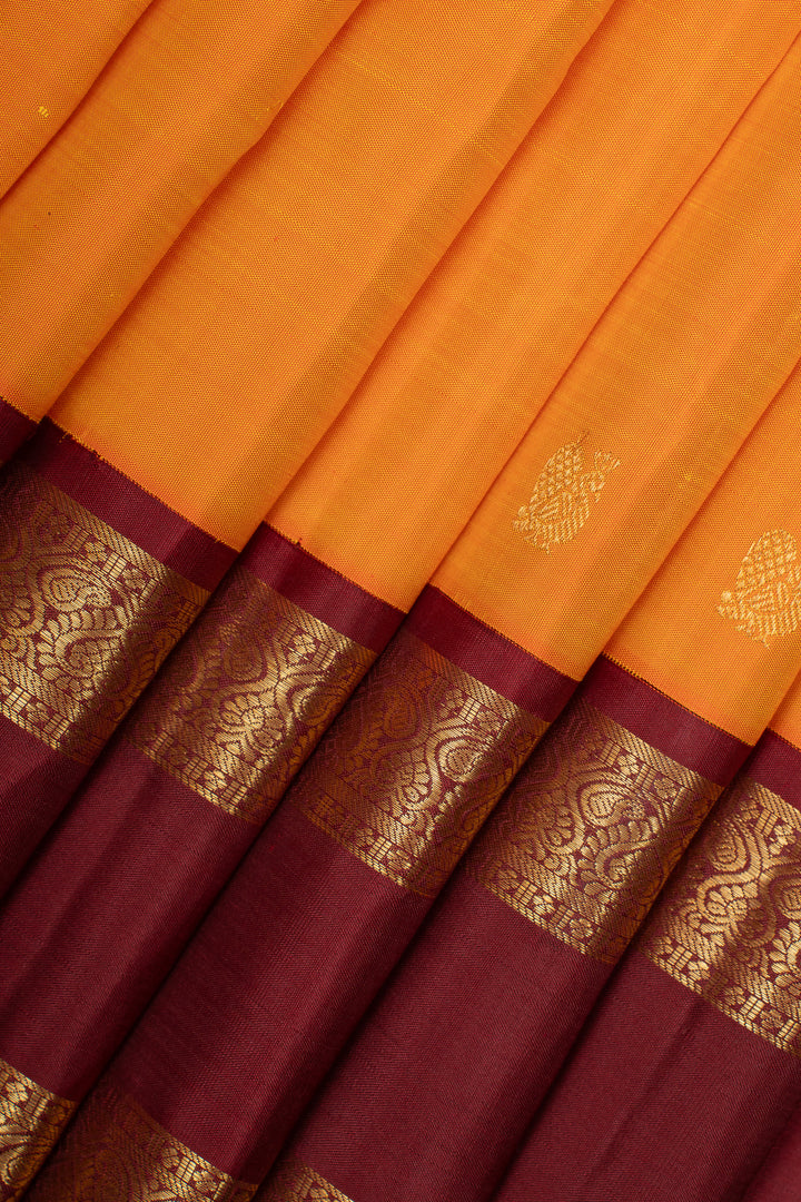 Mango Yellow and Maroon Traditional Pure Kanchipuram Silk Saree