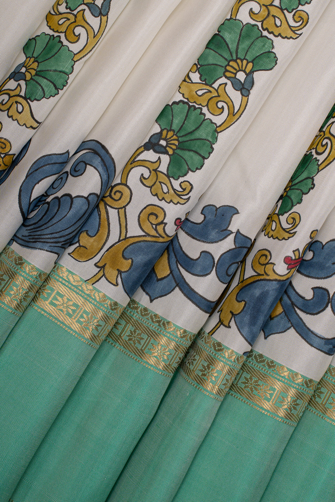 Off white and green handpainted pure kanchipuram silk saree