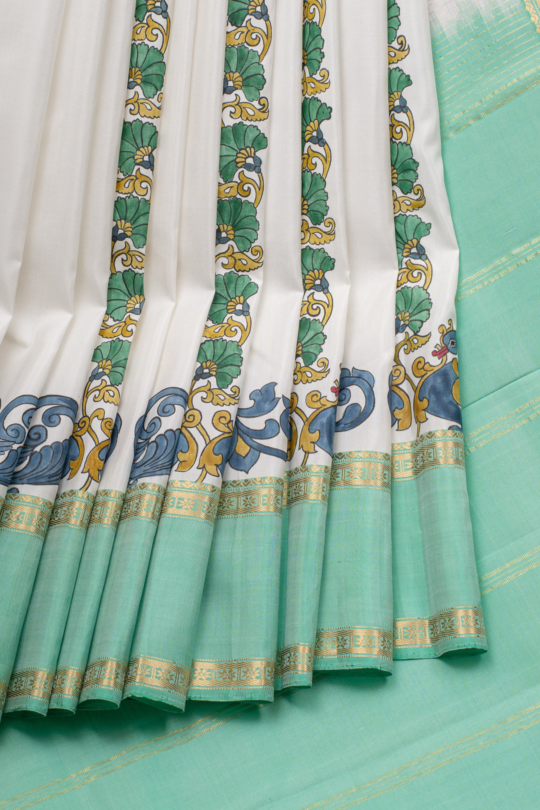 Off white and green handpainted pure kanchipuram silk saree