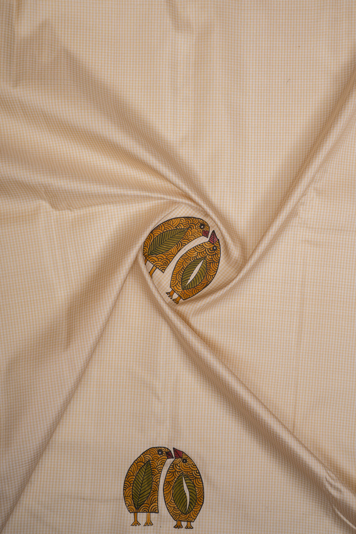 Beige and orange handpainted pure kanchipuram silk saree