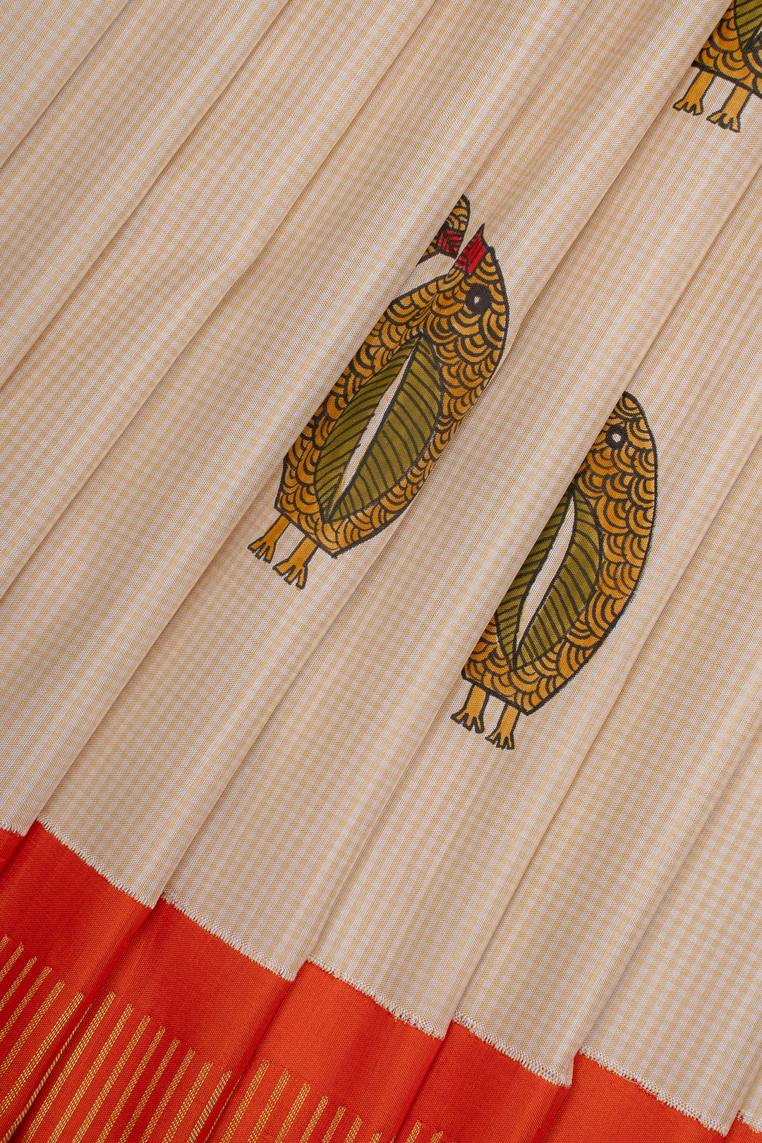 Beige and orange handpainted pure kanchipuram silk saree