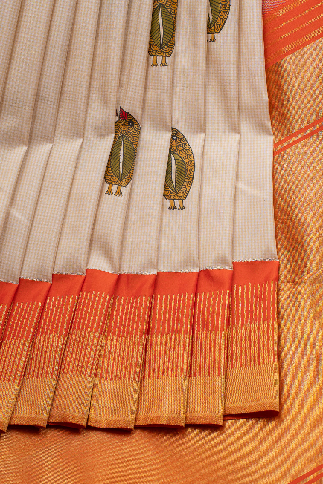 Beige and orange handpainted pure kanchipuram silk saree