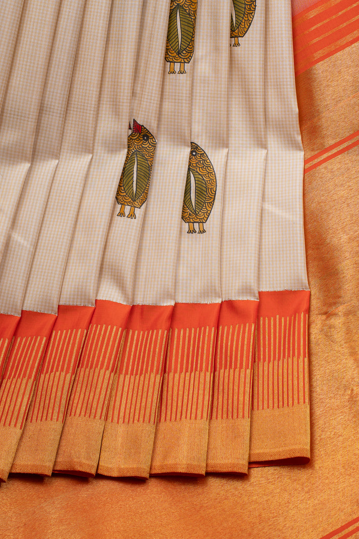 Beige and orange handpainted pure kanchipuram silk saree