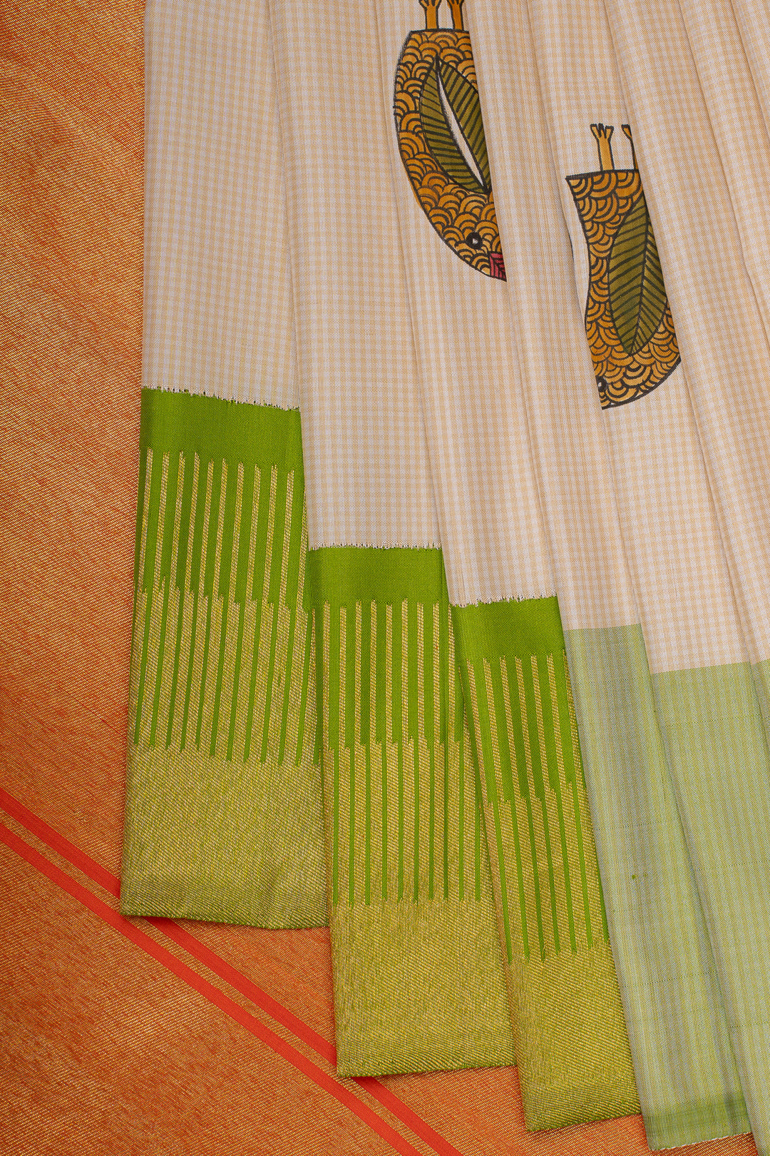 Beige and orange handpainted pure kanchipuram silk saree