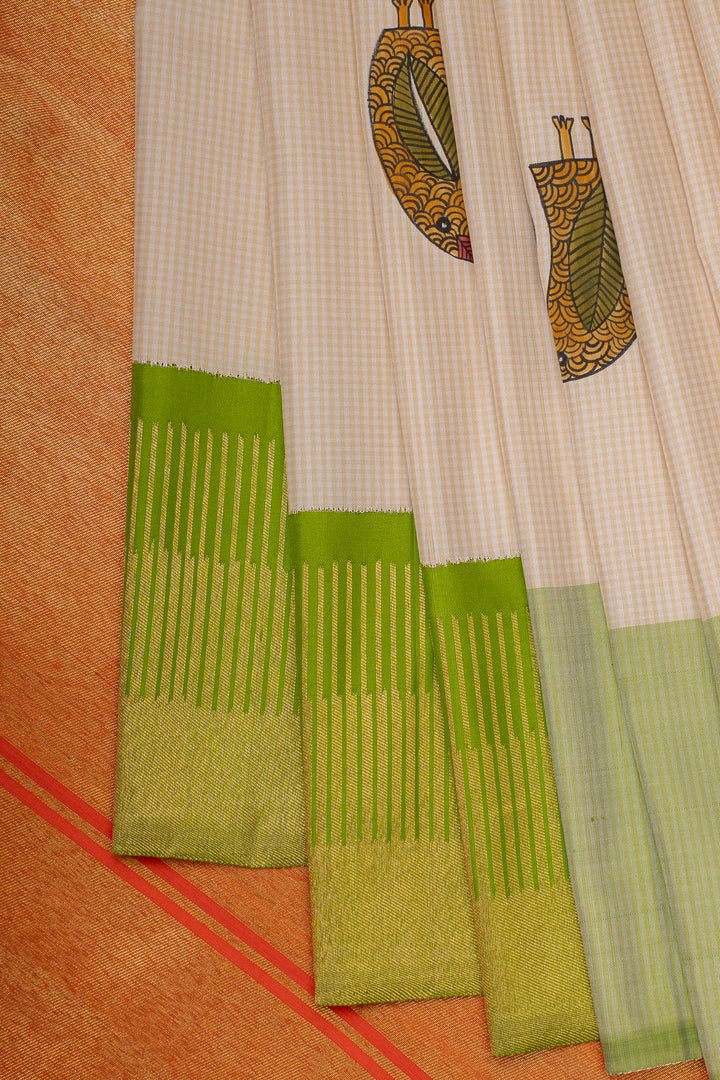 Beige and orange handpainted pure kanchipuram silk saree