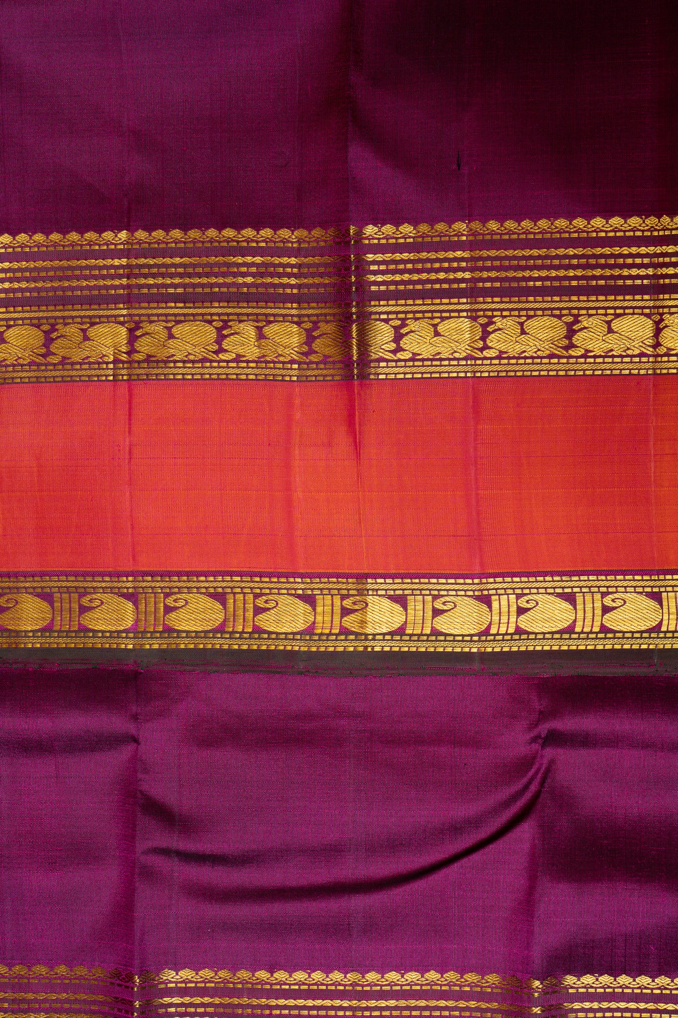 Mulberry Purple and Rust Orange Pure Kanchipuram Silk Saree - Clio Silks