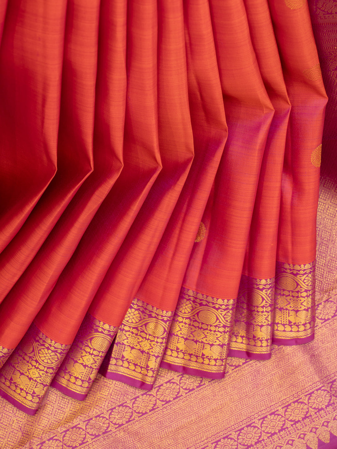 Peach orange small border pure Kanchipuram silk saree